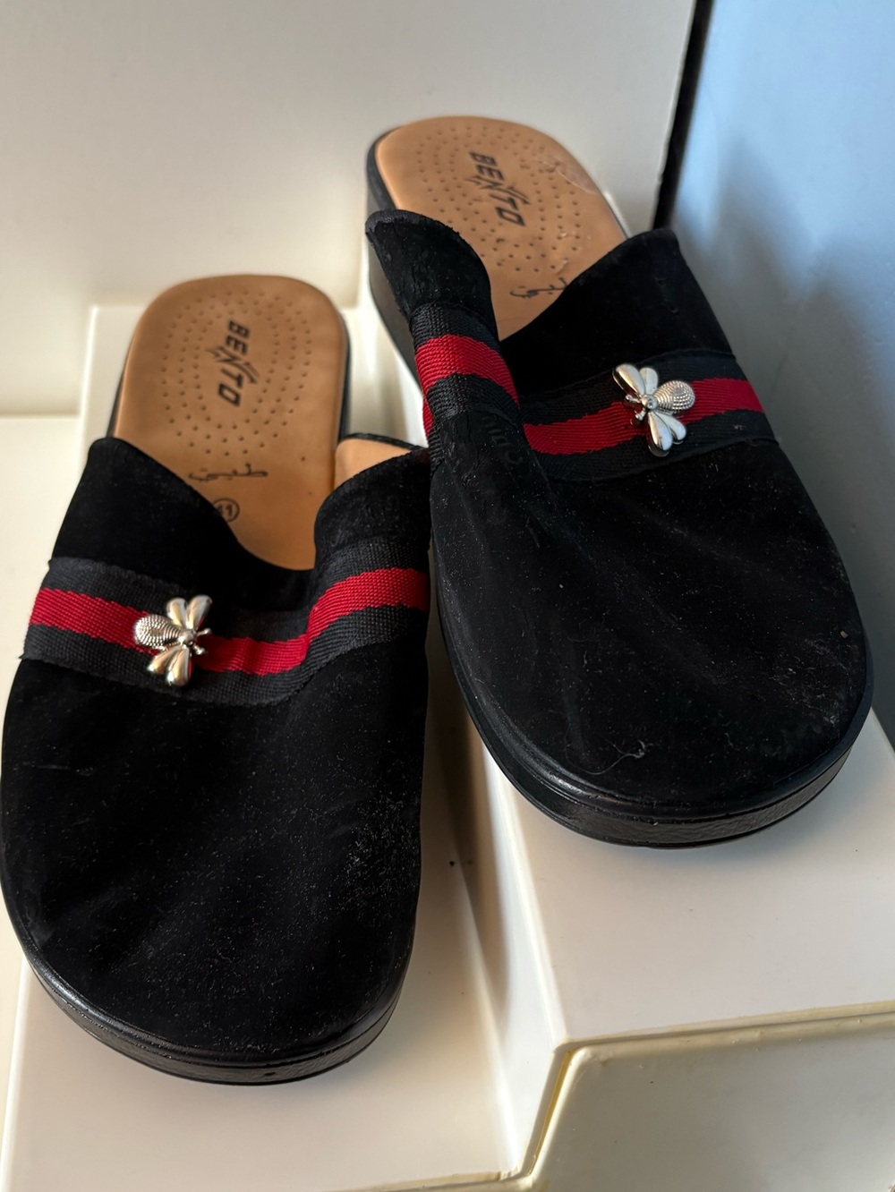 Black Suede Slip-On Mules with Red Stripe and Floral Accent